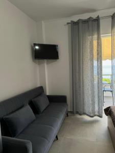 a living room with a couch and a flat screen tv at Tophill Apartments in Borsh