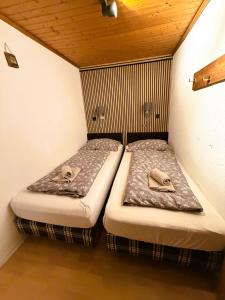 two twin beds in a small room with at Chalet am Park with Hottub in Piesendorf