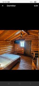 a bedroom with a bed in a wooden cabin at Căbănuțe lemn cu ciubăr in Varvata