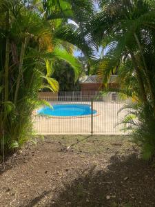 a fence in front of a swimming pool at Chic, bright and quiet in Baie-Mahault