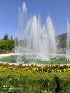 a fountain in the middle of a park with flowers at Vea in Banja Koviljača