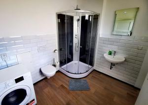 a bathroom with a shower and a toilet and a sink at ehemalige Kirche in neuem Glanz in Oranienbaum-Wörlitz +15 photos