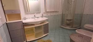 a bathroom with a sink and a shower and a toilet at Charme rustico con ampio giardino e piscina con due camere in Carrara +23 photos