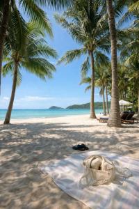 a beach with palm trees and a basket on a towel at Zenith Haven - Boutique Stay in Phú Quốc