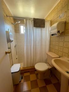a bathroom with a toilet and a shower and a sink at Residencial Golden in Los Vilos