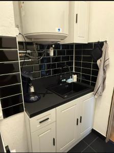 a kitchen with a sink and a black tile wall at Studio - Chalon-sur-Saône in Chalon-sur-Saône