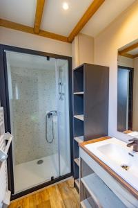 a bathroom with a shower and a sink at Les Chalets du Lac - Amnéville Cité des Loisirs Galaxie in Amnéville