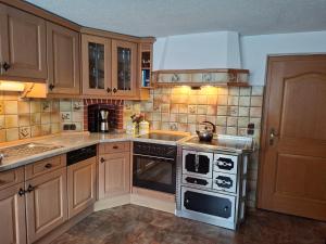 a kitchen with wooden cabinets and a stove top oven at Ferienwohnung Faschinggut in Rottau