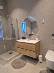 a bathroom with a sink and a shower and a mirror at Utleiebolig Fannrem in Fannrem