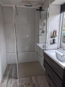 a bathroom with a shower and a sink at Bed and Breakfast Bergs Huuske in Sint Odiliënberg