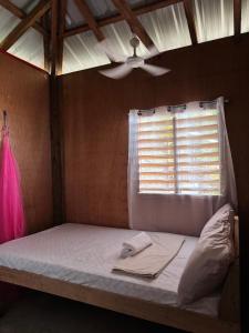 a bed in a room with a ceiling fan and a window at Payapa Beach in Aborlan