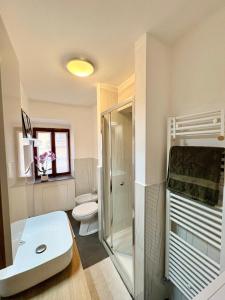 a bathroom with a shower and a toilet at Maison Lake Maggiore Art Stay,central Baveno, 60 mt from Lake and Hotel Dino Congress Center in Baveno +30 photos