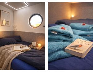 two pictures of a bedroom with a bed and a book at ÖKO Budget Hausboot Retreat Morgenrot in Stralsund