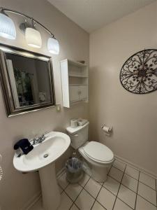 a bathroom with a toilet and a sink and a mirror at Rivers Edge 803c in Helen