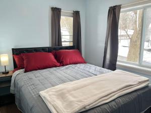 a bedroom with a bed with red pillows and a window at Private Room-Shared Common Spaces-Queen Bed in Johnson City
