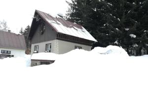 a house covered in snow with trees in the background at Chata v Poustce in Benecko +5 photos