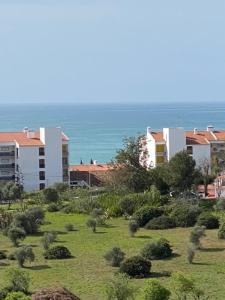 a field with buildings and the ocean in the background at Francisco Vau Apartment in Portimão