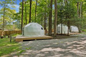 a white tent on a wooden platform in a forest at Ferncrest Campground in Greentown