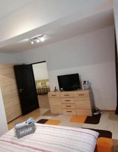 a bedroom with a bed and a television on a dresser at Yoa Apartaments in Floreşti +11 photos