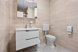 a bathroom with a toilet and a sink and a mirror at Apartment Lola in Peroj +13 photos