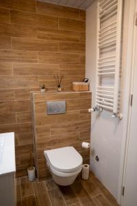 a bathroom with a toilet and a wooden wall at Harmony Studio Suite in Jagodina +14 photos
