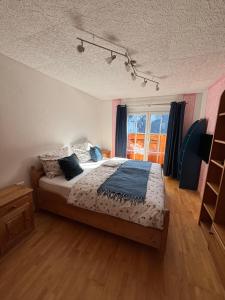 a bedroom with a bed with pillows and a window at Mittagsspitz am Bauernhof in Flattach