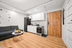 a kitchen and a living room with a couch and a table at Central Platinum Apartments 14 in Rybnik