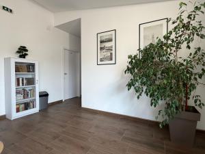 a living room with a potted plant on a wall at Restaurant&Rooms 035 in Paraćin