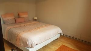 a bedroom with a bed with pink pillows at La choletaise spacieuse et proche des axes routiers in Cholet