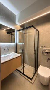 a bathroom with a shower and a toilet and a sink at By The River Stay in Florina