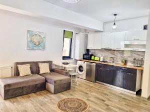 a living room with a couch and a kitchen at Mandala - Studiouri si Apartamente in Eforie Nord