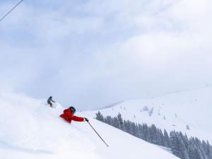 two people skiing down a snow covered slope at Vantage Point in Vail