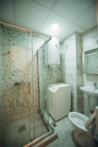 a bathroom with a shower and a toilet and a sink at NeWave Apartment 2 in Strumica