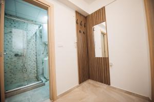 a bathroom with a shower and a mirror at NeWave Apartment 2 in Strumica