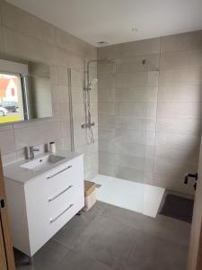 a bathroom with a shower and a sink at La maison des étangs in Rebecques