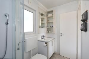 a bathroom with a toilet and a sink and a shower at Ahoi Hause 10 Strandhaus mit Meerblick & privatem Zugang in Drage