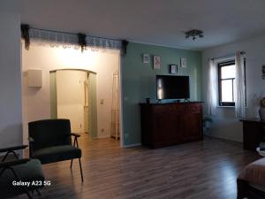 an empty living room with a television and a chair at Vorwerk Wehlen in Stadt Wehlen +7 photos