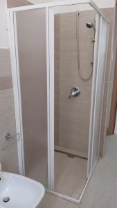 a shower with a glass door in a bathroom at Alisia Apartment in Rossano Stazione