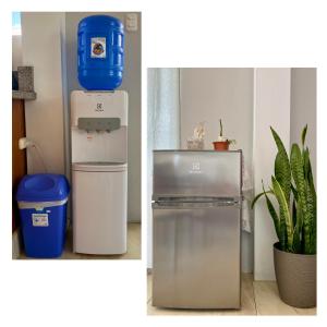 two pictures of a refrigerator and a blue water dispenser at Suite Raya in Puerto Ayora