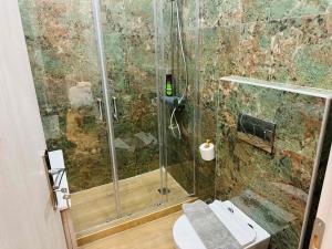 ein Badezimmer mit Glasdusche und WC in der Unterkunft Agatha-4 in Piräus + 19 Fotos