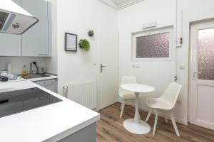 a white kitchen with a table and two chairs at Vienna Antic in Vienne +14 photos