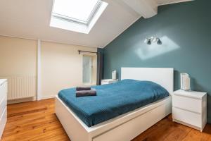 a bedroom with a bed with blue walls and a skylight at Vienna Antic in Vienne