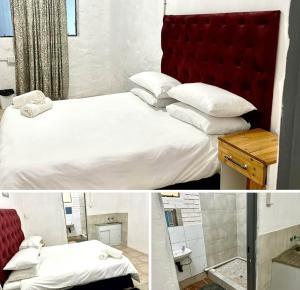a bedroom with a white bed and a red headboard at Blue Guesthouse in Virginia