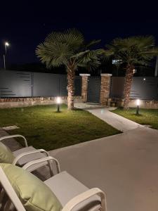 a patio with chairs and palm trees at night at B&B Casa Anì in Pordenone