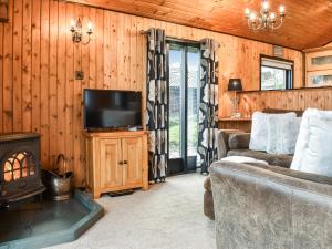 a living room with a tv and a couch and a stove at Glendowlin Lodge Retreat in Tirril