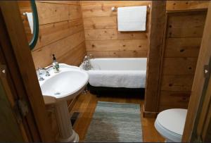 a bathroom with a sink and a toilet and a tub at Governor's Private Cabin on Bourbon Trail w HotTub in Harrodsburg +34 photos