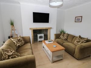 a living room with two couches and a fireplace at Brynawel in Burry Port