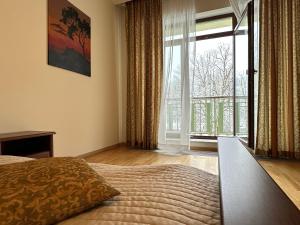 a bedroom with a bed and a large window at Slunecni Lazne Apartments in Karlovy Vary