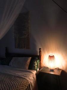 a bedroom with a bed and a lamp on a table at Hummingbird House in Calibishie +21 photos