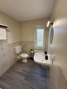 a bathroom with a sink and a toilet at emsRoom - Gästezimmer in Düne